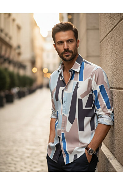 YusGos Long Sleeve Cotton Easy Iron Geometric Pattern Regular Fit Premium Men's Shirt