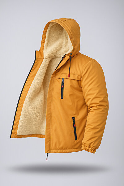 FASİON Men's Fur-Lined Water and Cold-Proof Winter Coat Jacket with Detachable Hood