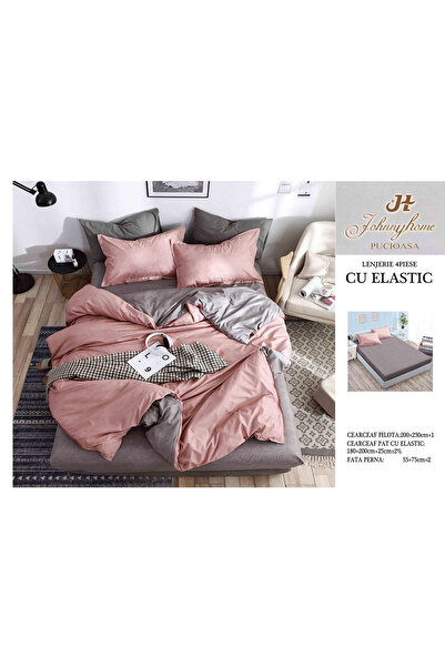 FIONNA.RO Satin Cotton Bed Linen With Elastic - Grey With Pink