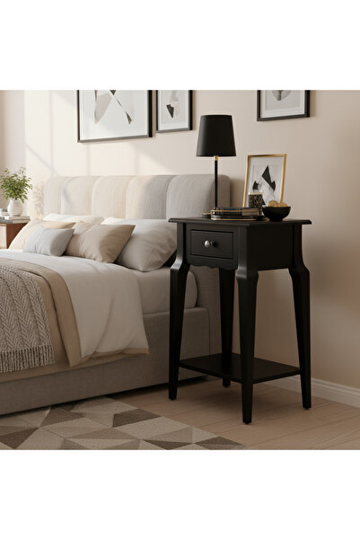 Wooding Mobilya Masif Konik Siyah Raflı Komodin