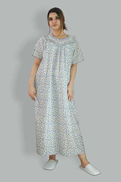 Comfort Over Everything Printed Cotton Blue Nighty - Lace Neck