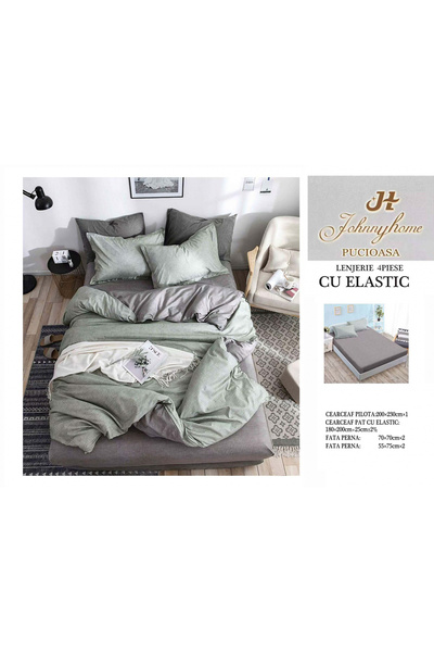 FIONNA.RO Satin Cotton Bed Linen With Elastic - Bicolor Grey - Green
