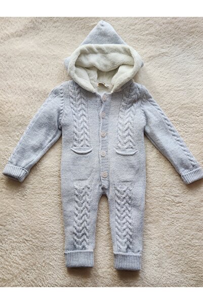 Caramio İçi Polar Kapüşonlu Mavi Havuç Örgü Bebek Tulumu