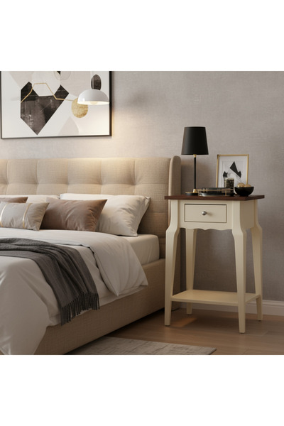 Wooding Mobilya Masif Konik Krem Ceviz Raflı Komodin