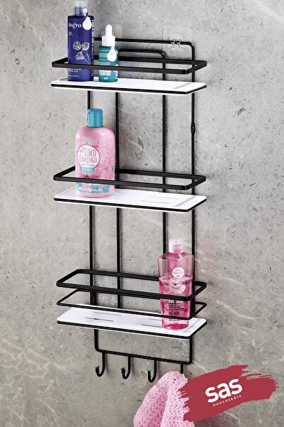 Sas Haus 3-Tier Adhesive Bathroom Shower Shelf with Hooks – Adjustable Crystal Shelf (Stick-On/Screw-On) Black-White