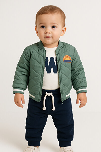 AKİ MODA KİDS Baby Boy Quilted Patterned Coat Tracksuit Sweatshirt 3-Piece Baby Boy Suit Set