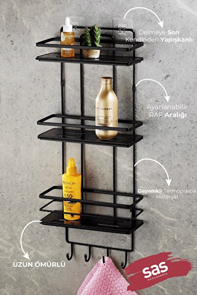 Sas Haus 3-Tier Adhesive Bathroom Shower Shelf with Hooks – Adjustable Crystal Shelf (Stick-On/Screw-On) Black-Black