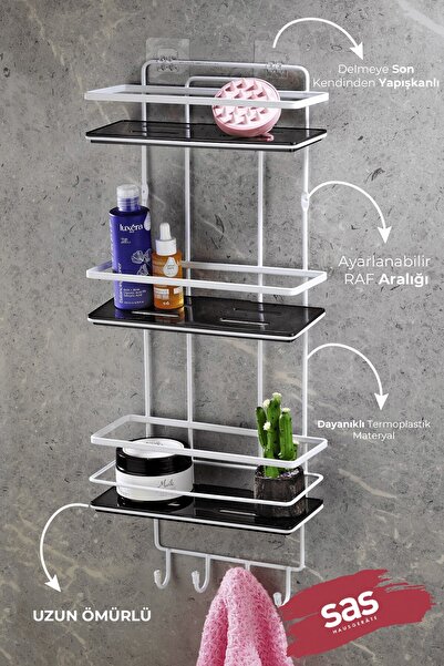 Sas Haus 3-Tier Adhesive Bathroom Shower Shelf with Hooks – Adjustable Crystal Shelf (Stick-On/Screw-On) Black-White