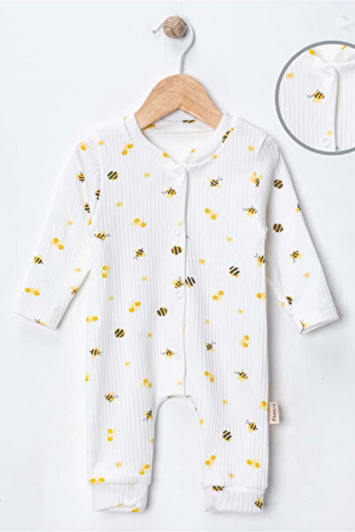 Noone Ribbed Cotton White Bee Patterned (Yellow Detailed) Baby Romper – 6 Months