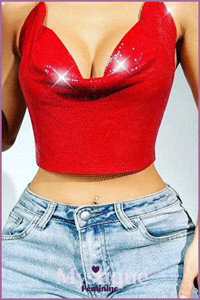 PERLMUTT Crystal Silver Stone Shiny Crop, Shiny, Metal, Stud Neck, Chain Strap, Backless Bustier