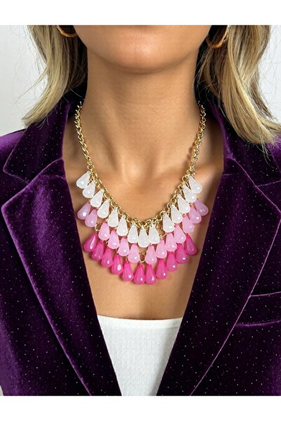 COCOSH TAKI Authentic Bohemian Multi-Statement Necklace with Pink Stones and Gold Details