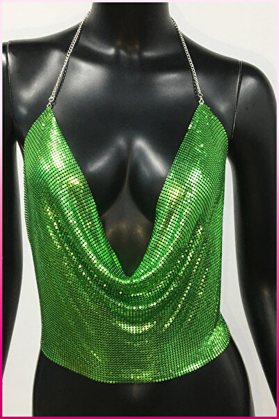PERLMUTT Kristal Yeşil Taşlı Parlak Crop, Parlak, Metal, Degaje Yaka, Zincir Askılı Sırtı Açık Büstiyer