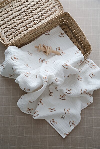 DoDo'S Baby Dört Katlı Nostaljik At Desenli Organik Müslin Örtü