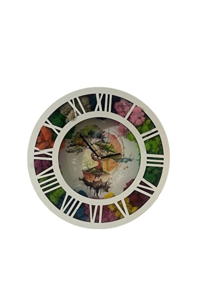 ALVAL Tablou decorativ cu licheni stabilizați, ceas, multicolor, diametru 30 cm