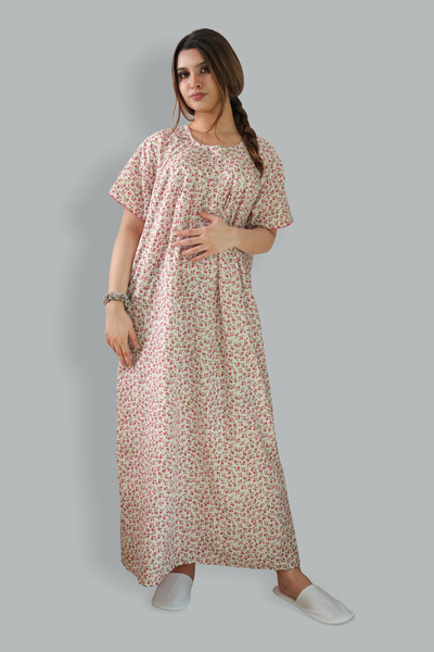 Comfort Over Everything Printed Cotton Pink Nighty - Round Neck