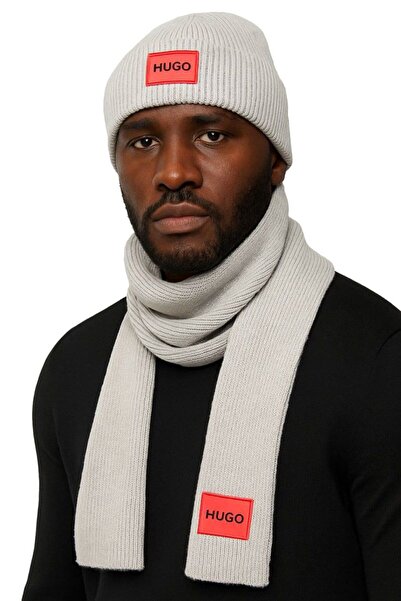 HUGO Grey hat and scarf set with red logo