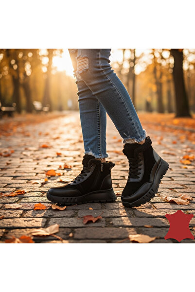 ANGEL BLUE Γυναικείες casual μαύρες μπότες με γούνα, φυσικό δέρμα με παχιά σό...