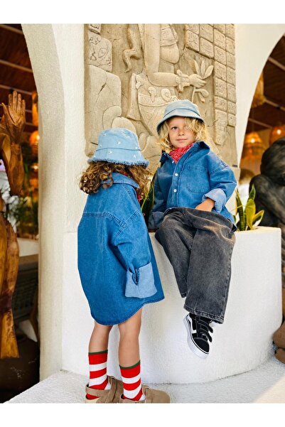 Magu Unisex Kids Cotton Blue Oversized Denim Shirt – Comfortable Casual Style