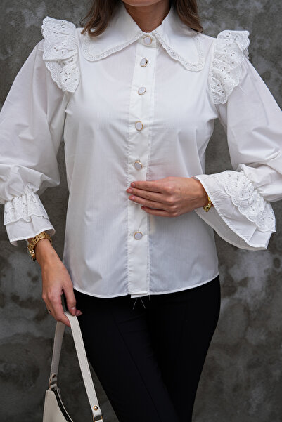 FancyWorld Apron Collar Button Detail Brode Pattern Princess Sleeve Shirt