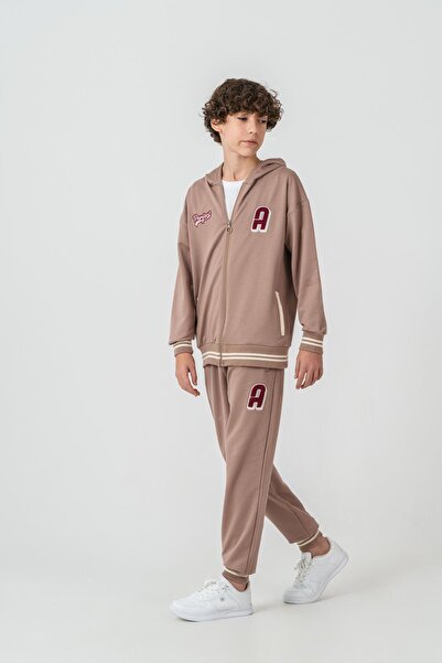 Mışıl Kids Ανδρικό κολεγιακό σετ αθλητικής φόρμας Ust Onler με ριγέ ριμπάνα και κέντημα στο κάτω μέρος