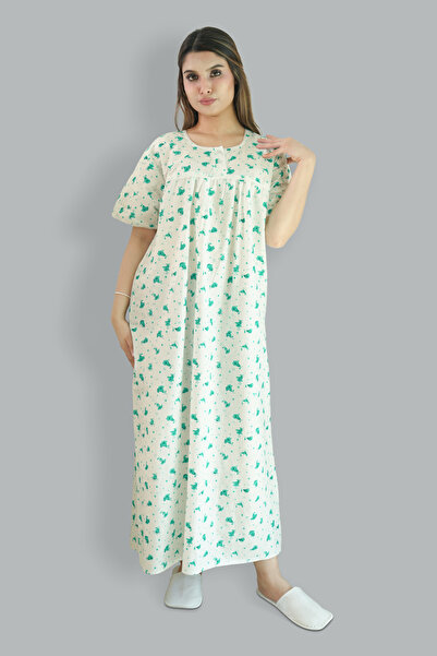 Comfort Over Everything Printed Cotton Green Nighty - Round Lace Neck