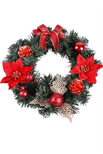 Trade Bazaar 30 cm Red Gold Christmas Door Wreath |   Fireplace & Wall Decoration with Pine Cones and Poinsettia Flowers