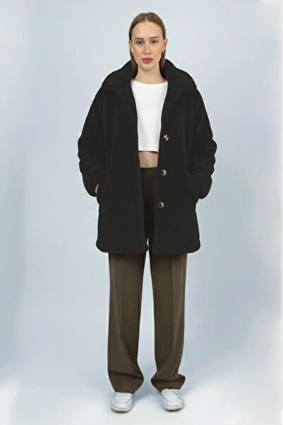 Betimoda Women's Plush Buttoned Pocket Teddy Shirt Collar Warm Soft Winter Coat Black