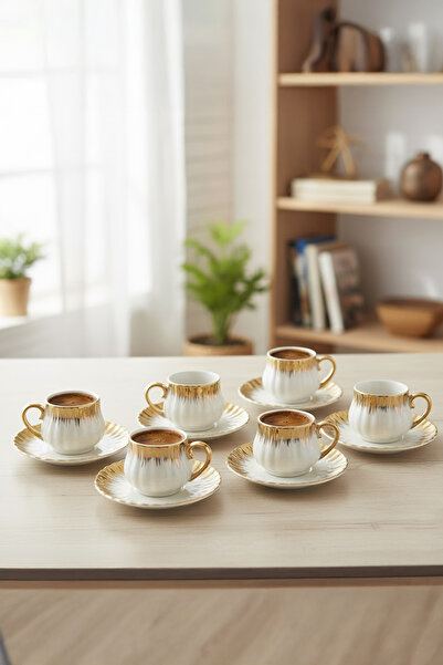 Vadi Enzo 6-Piece Luxury Gold Detailed Porcelain Coffee Cup Set