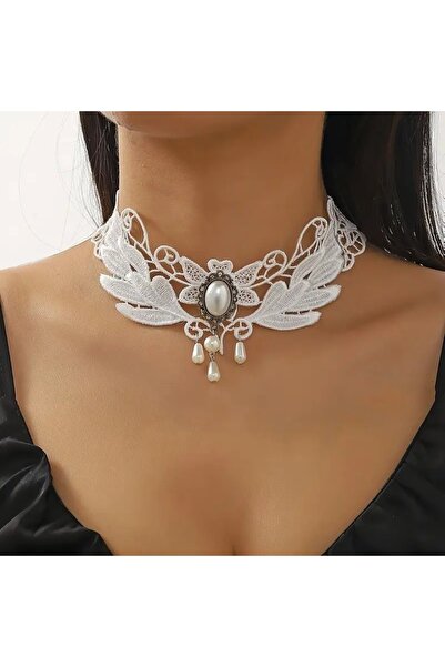Cash Trade Gothic Choker. Bohemian Style White Lace Necklace. White Bead Deta...