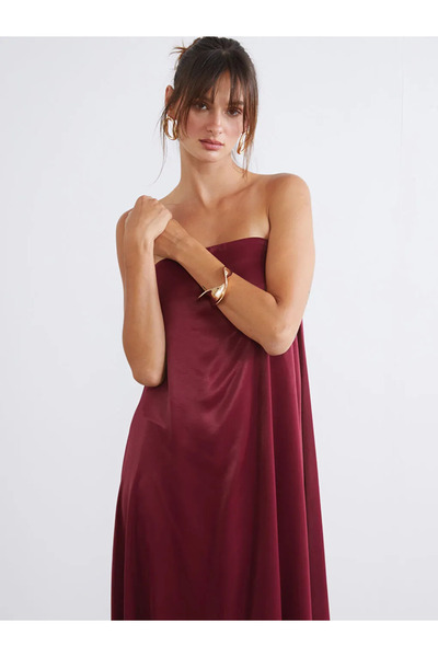 LC Waikiki Soulife Burgundy Strapless Neckline Satin Evening Dress