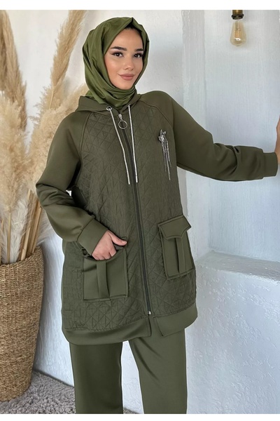 Calvino 💚   Quilted Detailed Zippered Khaki Sports Suit