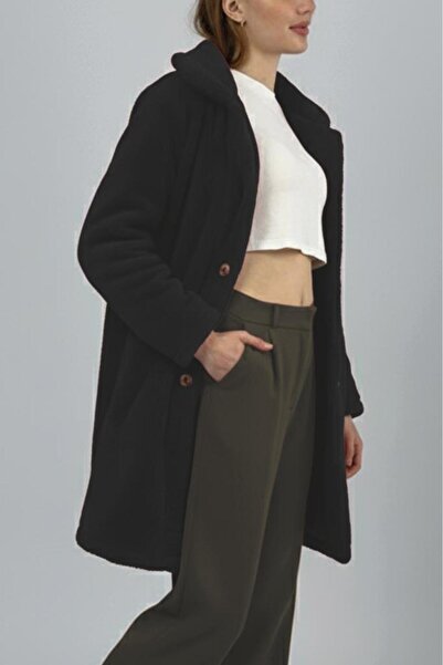 Betimoda Women's Plush Buttoned Pocket Teddy Shirt Collar Warm Soft Winter Coat Black