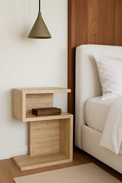 Woody Home Traverten Desenli Komodin, Yan Sehpa, Çok Amaçlı Dekoratif Sehpa, İskandinav, Bohem, 65x60