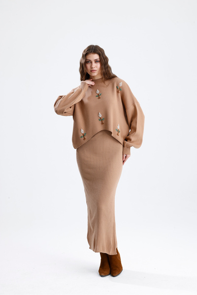 markazzi Set de tricotaje pentru femei, cu top maro, cu detaliu de mărgele, p...