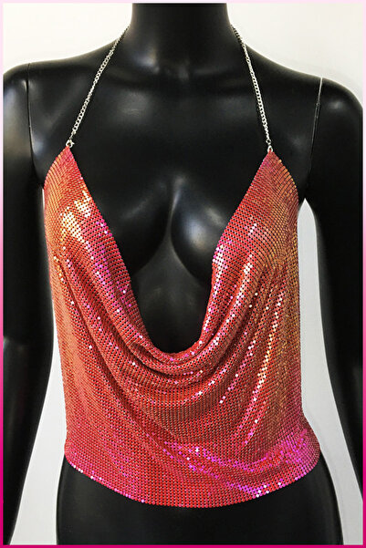 Veille Crystal Pink Gradient Stone Shiny Crop & Blouse Sleeveless Boat Neck Party Beach Bustier