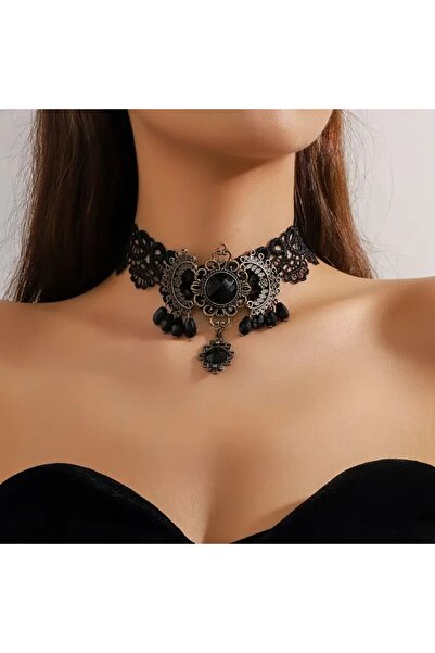 Cash Trade Gotik Siyah Dantel kolye. Etnik vintage detaylı