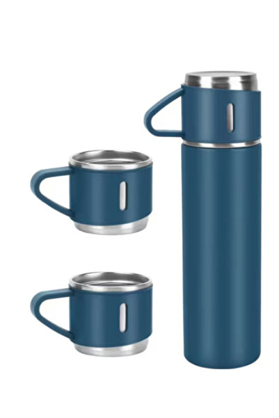 BASE Stainless steel thermos set with 3 cups 500ml insulated glass for hot and cold drinks BLUE