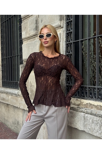 MAMAYAGA Women's Crew Neck Full Stretchy Lace Wrap-Around Sporty Stylish Design Asymmetrical Cut Night Blouse