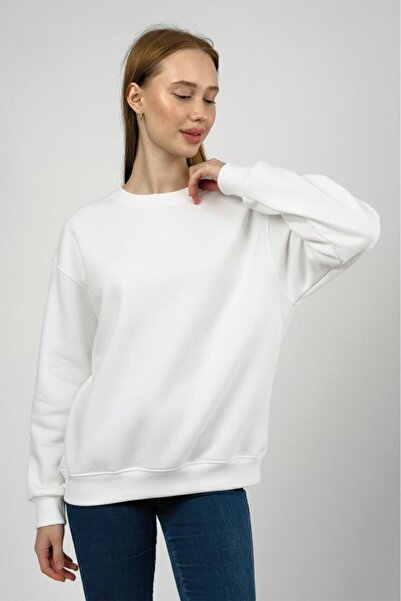 Betimoda Women's Basic Cotton Fleece-Lined Crew Neck Sweatshirt White