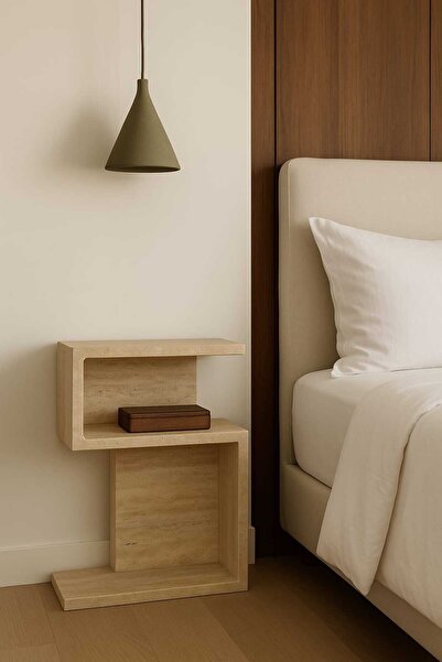 Woody Home Traverten Desenli Komodin, Yan Sehpa, Çok Amaçlı Dekoratif Sehpa, İskandinav, Bohem, 65x60