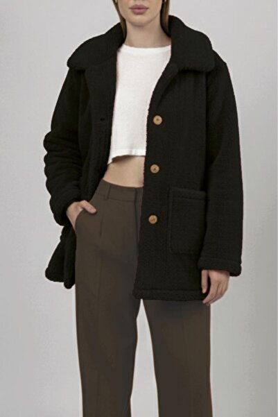 Betimoda Women's Plush Buttoned Pocket Teddy Shirt Collar Warm Soft Winter Coat Black