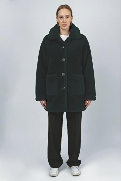 Betimoda Women's Plush Buttoned Pocketed Teddy Shirt Collar Warm Soft Winter Coat Navy Blue