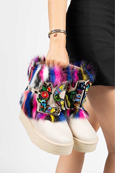 OLA Beige Suede Inside and Out Fur Detailed Love Thick Sole Women's Winter Boots