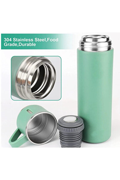 BASE Stainless steel thermos set with 3 cups 500ml insulated glass for hot and cold drinks GREEN