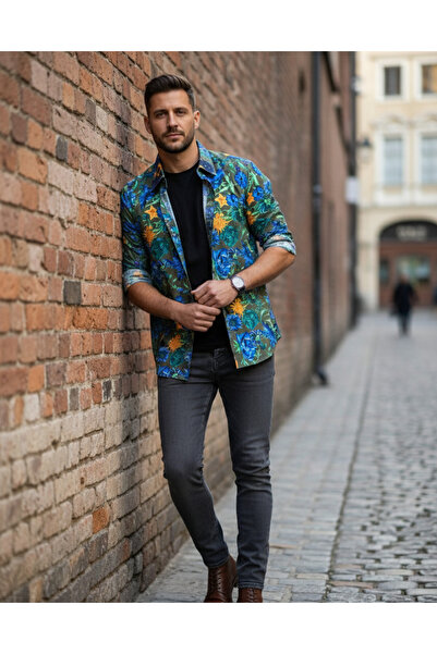 YusGos Long Sleeve Cotton Easy Iron Shawl Pattern Regular Fit Premium Men's Shirt