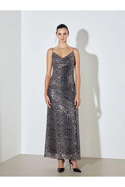 LC Waikiki Soulife Brown V-Neck Leopard Print Sequin Dress