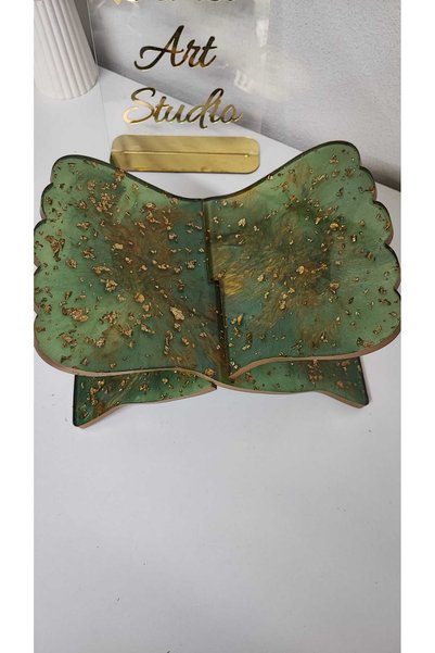 Demet Art Studio Reçineye Hayat Veriyoruz Epoxy Green Gold Leaf Covered Holy Quran Scroll 20 X 30 Cm.