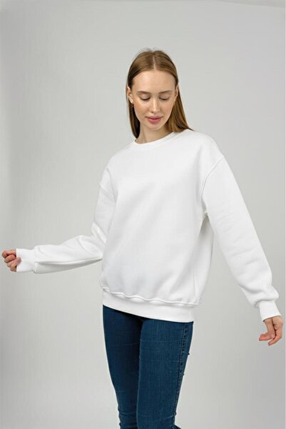 Betimoda Women's Basic Cotton Fleece-Lined Crew Neck Sweatshirt White