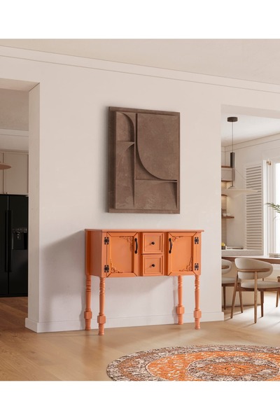 Onurdesign Ahşap Pastel Boyalı Eskitme Tarz Turuncu Dresuar