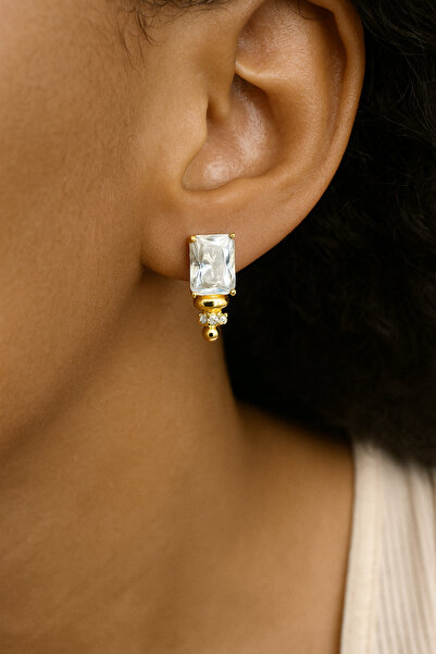 SEZİNİN TAKI DÜKKANI Steel Baguette Cut Stone Detail Earrings